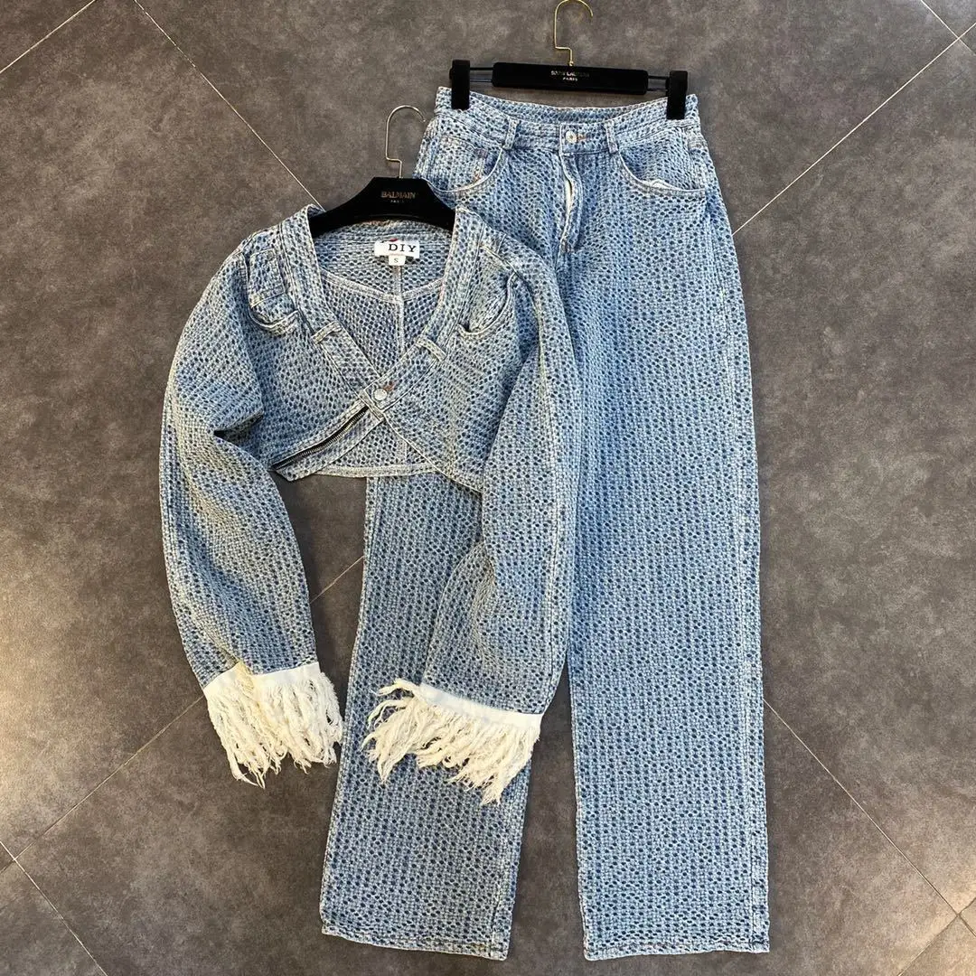 Fashion Denim Jeans Outfits Long Sleeve Jacket Top And Wide Leg Pant two Piece Set For Women