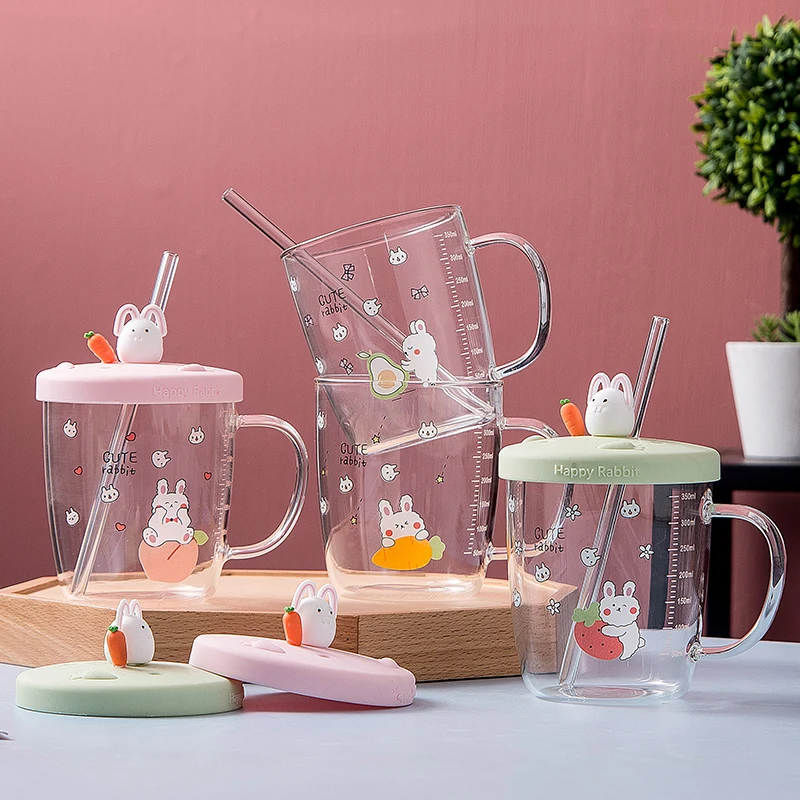 

Feiyou new wholesale fashion cute glass water bottle cups summer milk cartoon water bottle glass mugs with lid, As the picture show