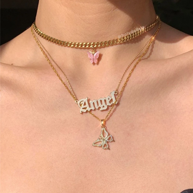 

Stainless Steel 18K Gold Plated Colorful Butterfly Pendant Cuban Chain Necklace