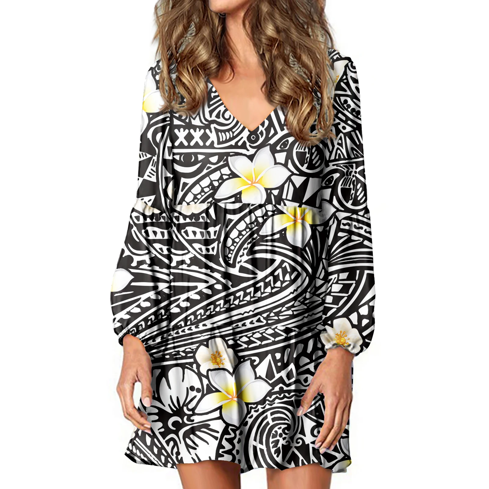 

Hawaii Polynesian Custom Personalised Plumeria Print Womens Long Sleeve Dress Sexy V Neck Casual Tunic Loose Swing Shift Dresses, Customized color