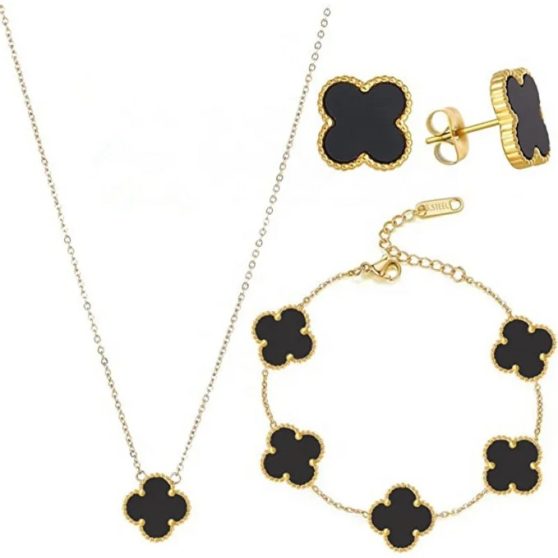 

18K Gold Plated Stainless Steel Lucky Clover Necklace Bracelet Earring 3Pcs/Set Four Leaf Clover Jewelry Set For Women