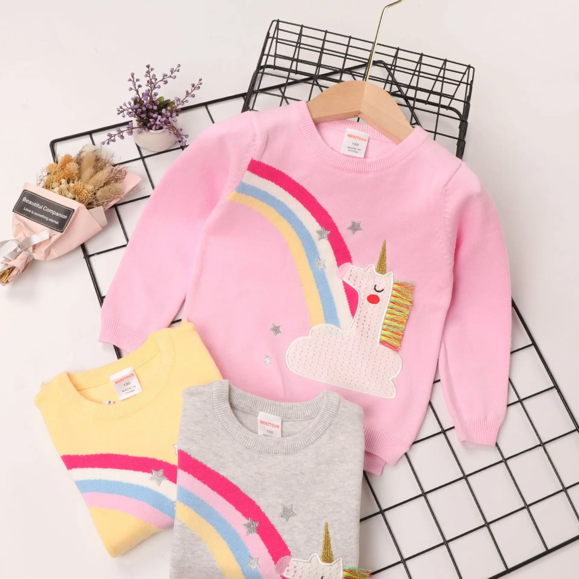 

Knitted Girls Sweater Children Clothes rainbow Pattern Sweaters Kids unicorn Warm Tops Winter Clothing, As image shown