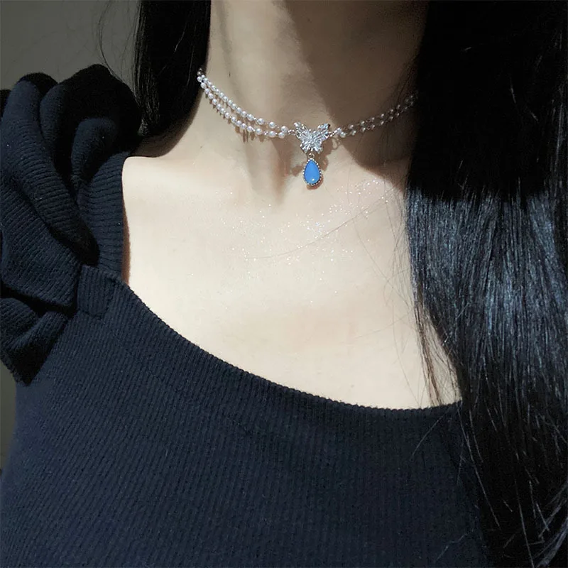 

two layer blue crystal pendant butterfly necklace with charm