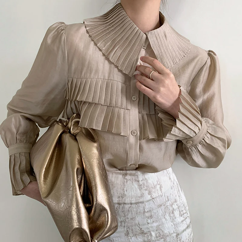 

Wholesale 2021 Spring and Summer Korean Elegant Retro Temperament Blouse Lapel Fold Loose Lantern Sleeve Blouse