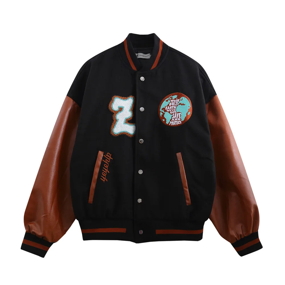 

New arrive Hip hop high street leather sleeve towel embroidered college bomber flight varsity jacket Duffle for men