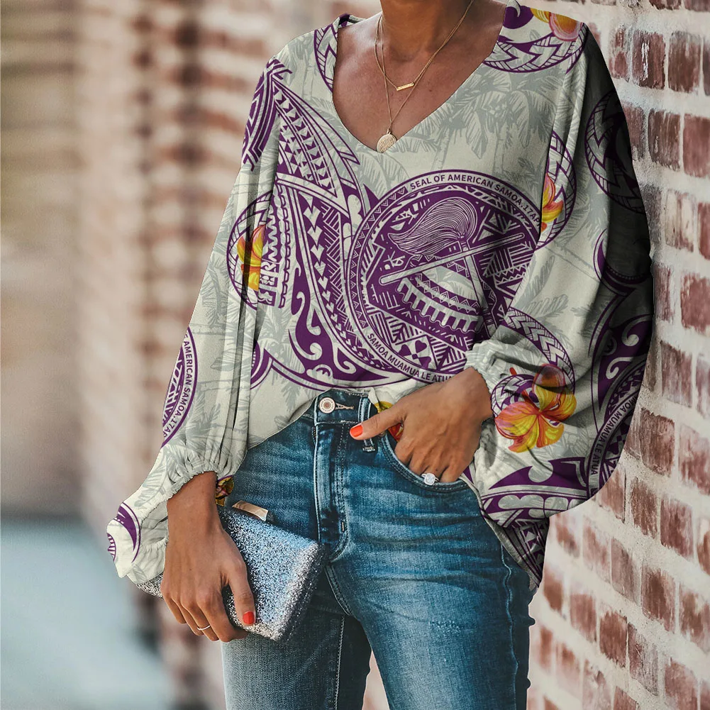 

2021 New Arrival Blouse for Women Long Sleeve Polynesian Samoan Tribal Print Summer Chiffon Blouses Fashionable Loose Tops