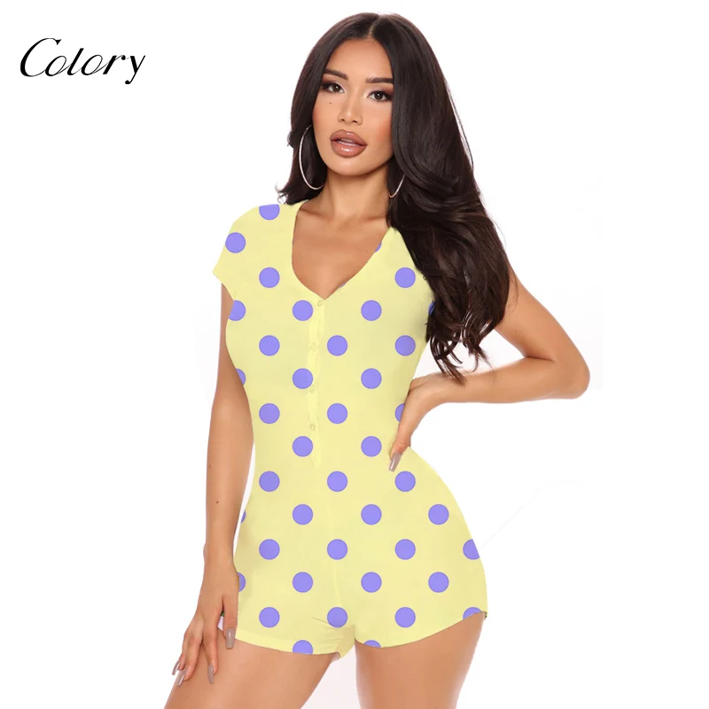 

Colory Designer Silk One Piece Romper Short Set Pajamas, Picture shows