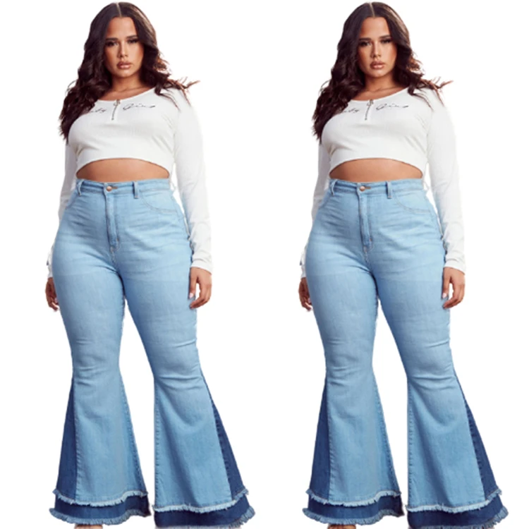 Best Design Fall 2021 Women Clothes High Waist Plus Size Jeans Pants Splice Bell Bottom Trousers Women Flare Denim Pants