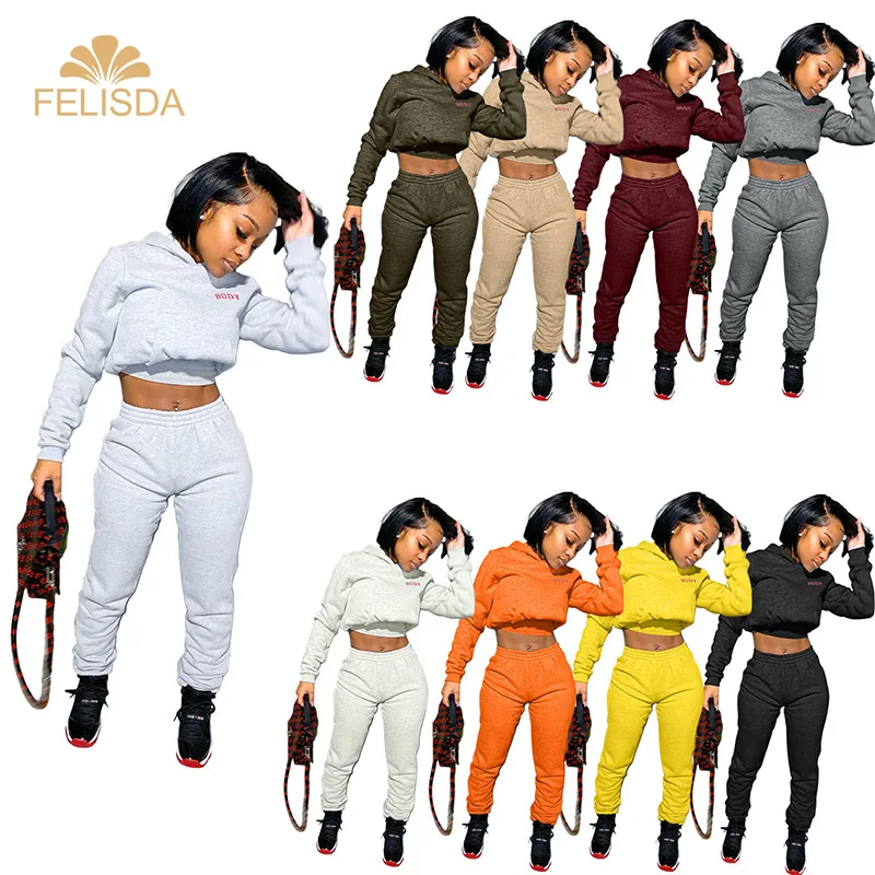 

9 Colors Two Piece Set Women Clothing Winter Thick Sweat Suits Print Pockets Long Hoodies Crop Top Sweatpants Jogging Suit