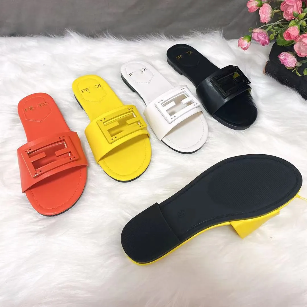 

2021 fashion women's slippers solid color boutique buckle sandals summer ladies sandals, White yellow black orange