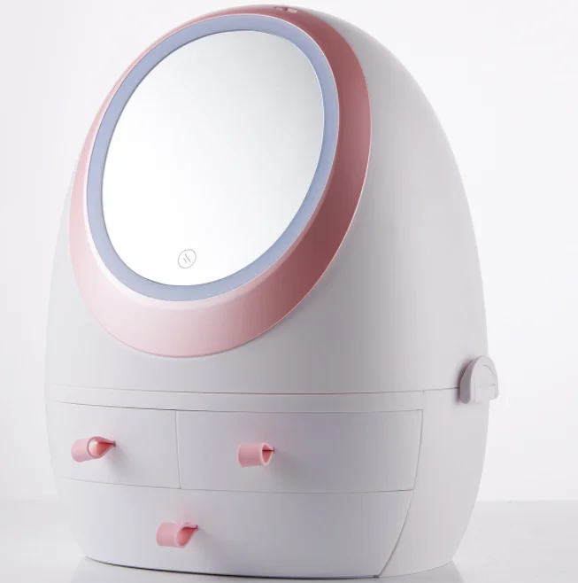 2019 New Large dustproof makeup organizer box with LED touch switch makeup mirror and dimmable light with USB charge