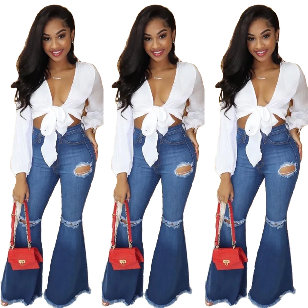 Hot selling JC8906 women casual scratched hole bell bottom denim pants jeans