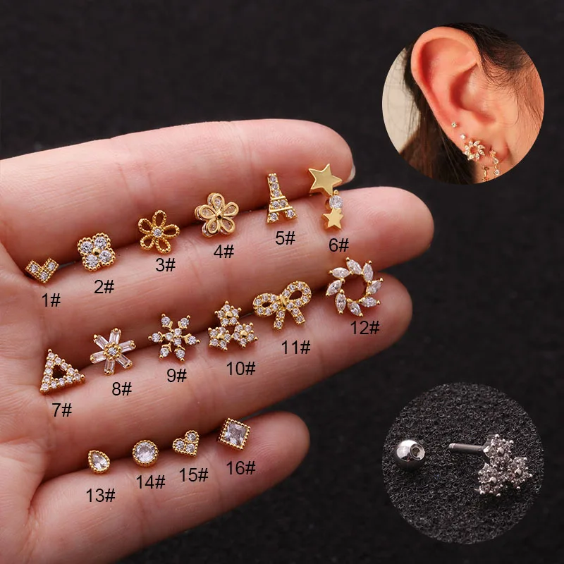 

Gold ear piercing stainless steel zircon piercing stud ring women small stud earrings ear studs ear piercing jewelry cartilage