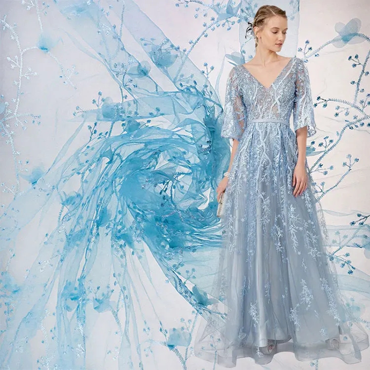 

Romantic Design light blue 3d Flower embroidered 100 polyester microfiber net fabrics poly lace mesh tulle fabric for wedding