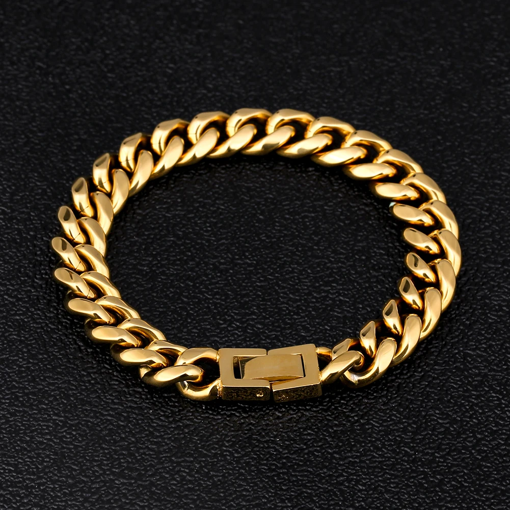

KRKC Drop Shipping RTS Stock Low MOQ Jewelry 18k Gold PVD Plated 10mm Stainless Steel Miami Cuban Bracelet Men For Amazon Wish