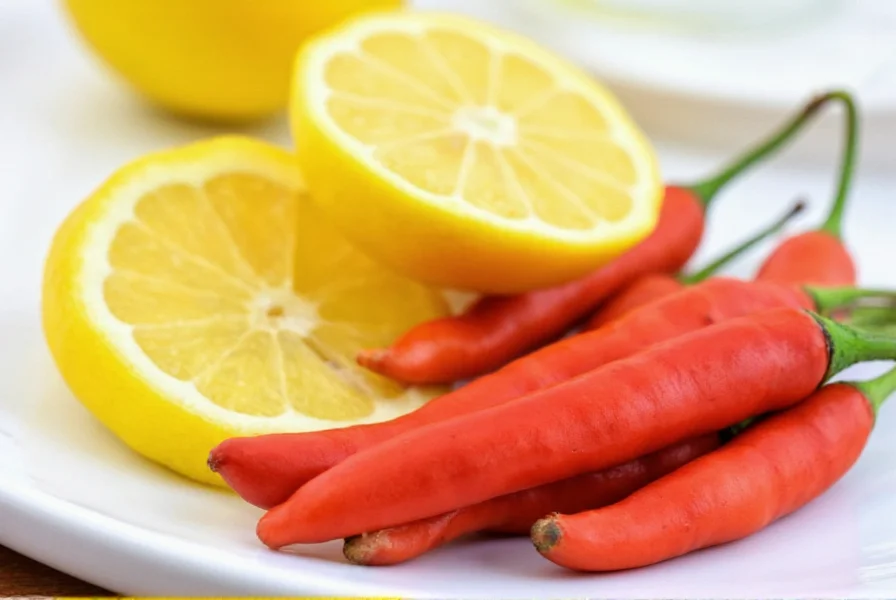Close-up of cayenne pepper and lemon ingredients with measuring spoons