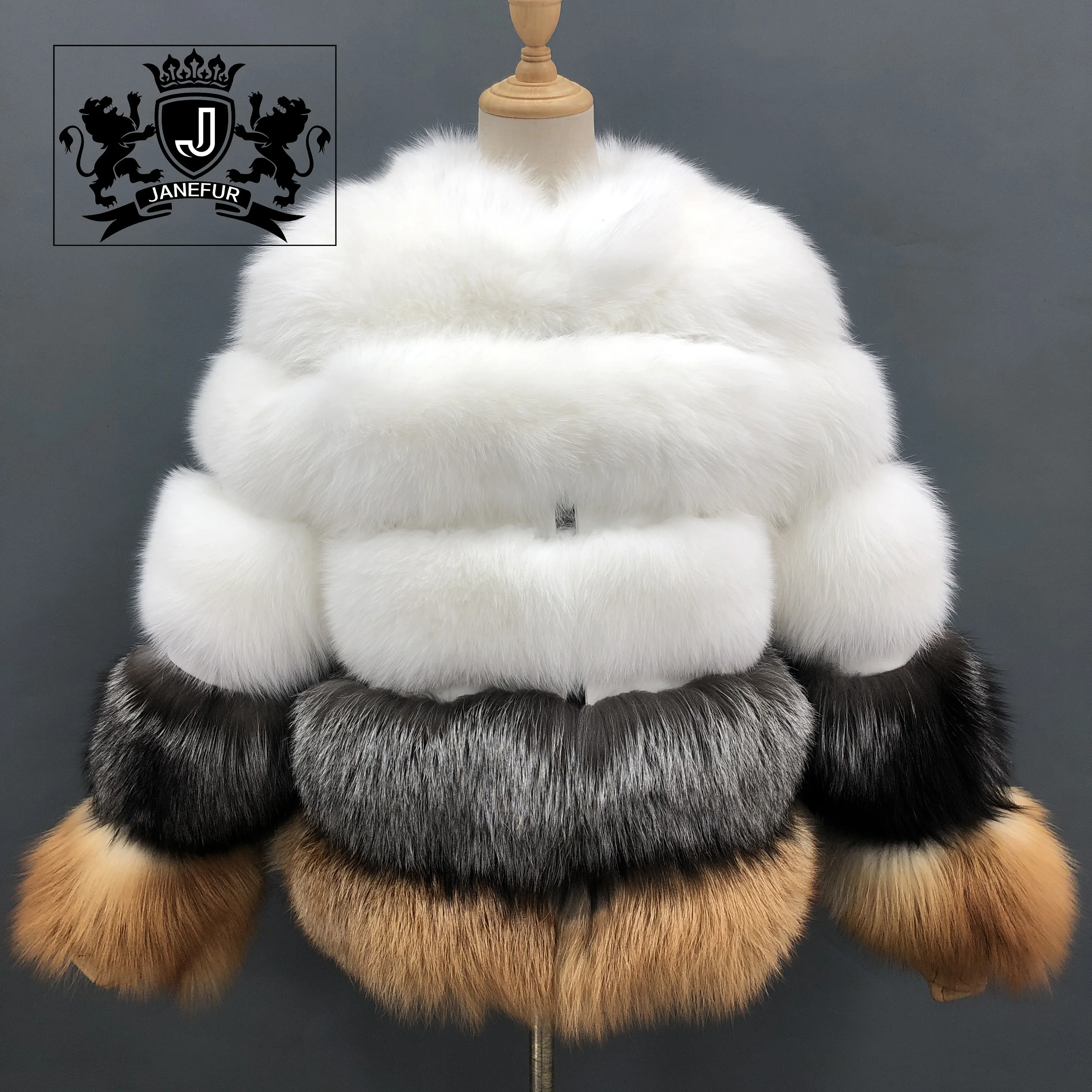 

Janefur factory hot selling women stand collar thick fur multicolor real fox fur coat, Grey, black, hot pink, blue, white, custom made