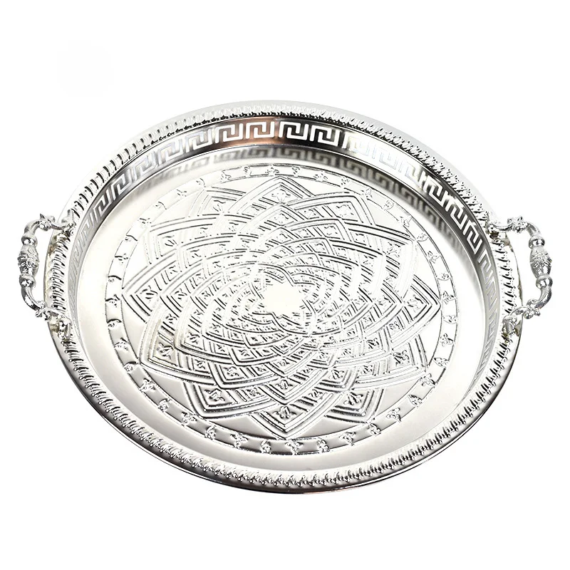 Moroccan Charger Plate Copper Plate Stainless Steel Round Tray With Handle,Luxury Golden Serving