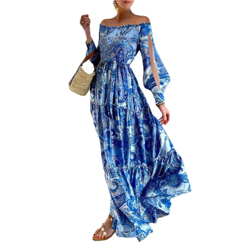 

Wholesale Modern Stylish Woman Clothing Ladies Boho Floral Print Long Maxi Holiday Dress, Blue