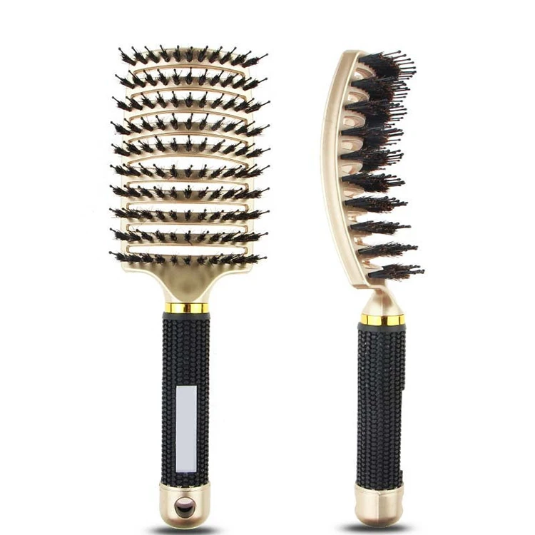 

Salon Professional Wig Hard Vented Massage Curved Curly Plastic Rubber Gold Boar Bristle Hair Brush Detangle For Men Styling, Gold,customized color accepted