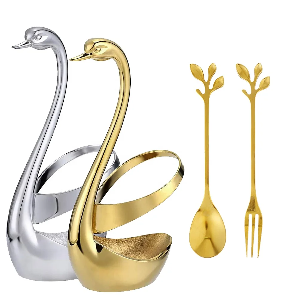

Amazon Best Sale Coffee Dessert Spoon Fork Wedding Silverware Holder Decorative Gold Swan Base Holder, Silver/gold