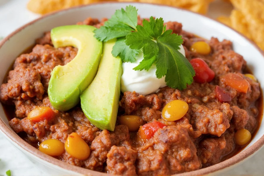 Finished bowl of turkey meat chili with toppings including avocado, sour cream, and fresh cilantro