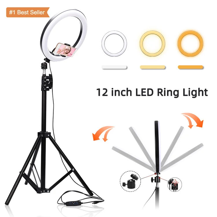 

33CM LED Selfie Ring Light Circle Tripod stand Ring Lamp Youtube Video Live Show Stream Shooting tiktok Ringlight 8 10 12inch, Black