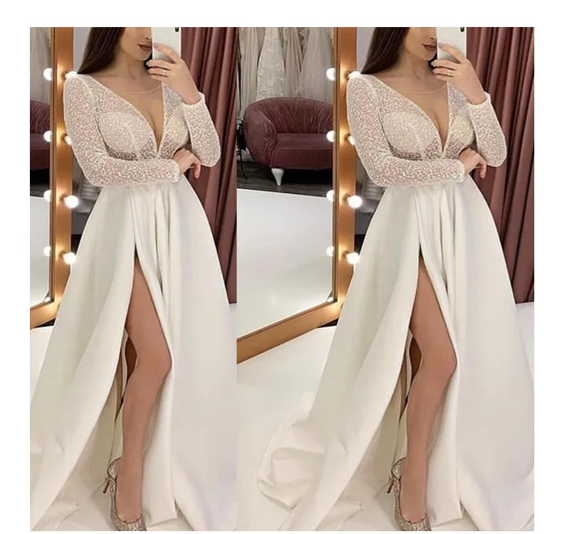 

High Quality 100% Polyeste White Slit Bride Gowns Long Sleeve V-neck Lace Dress with Split Women Sexy Vintage Prom Dresses