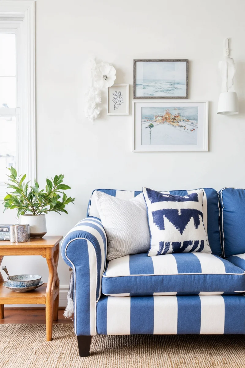 why a blue and white striped sofa is the ultimate family friendly home decor trend