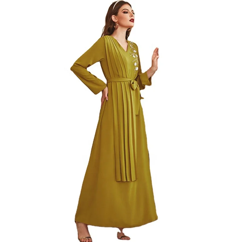 

Fashion Hand-Sewn Diamond Pleated Dress Dubai Abaya Muslim Party Dresses Women, 1 color