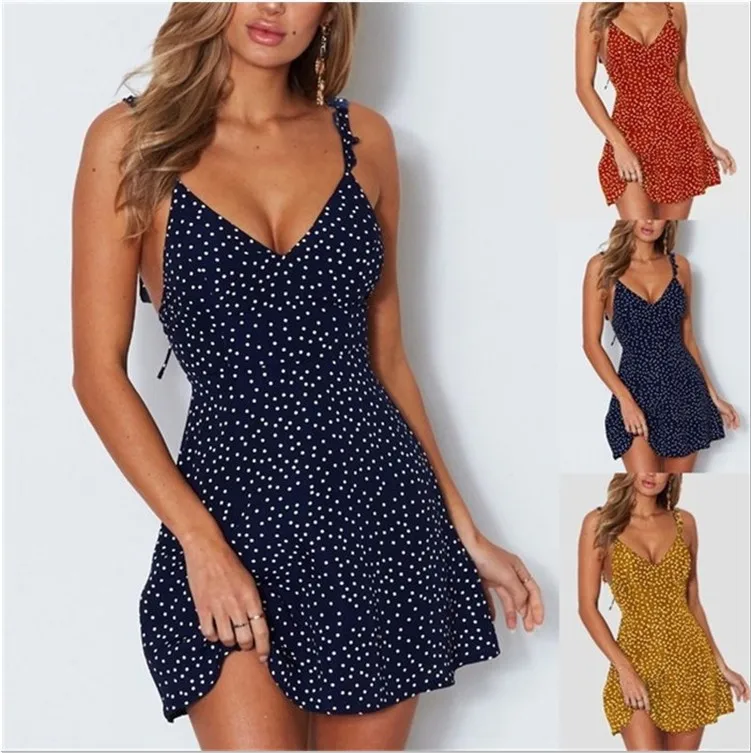 

New 2022 Summer Women Fashion Sleeveless Polka Dot V-neck Casual Dress Strap Mini Backless Party Dress