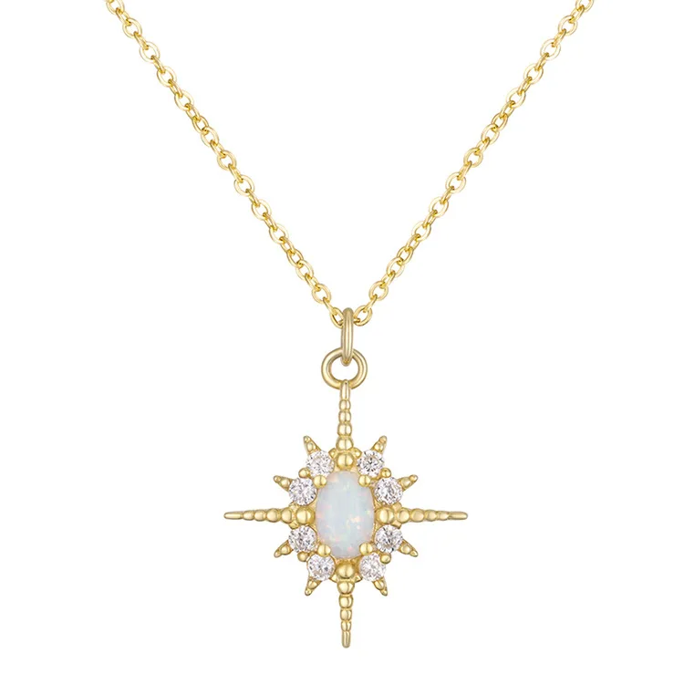 

Women Fashion Simple Retro S925 Sterling Silver Plated 14k Gold Inlaid Opal Sun Necklace Jewelry Clavicle Chain