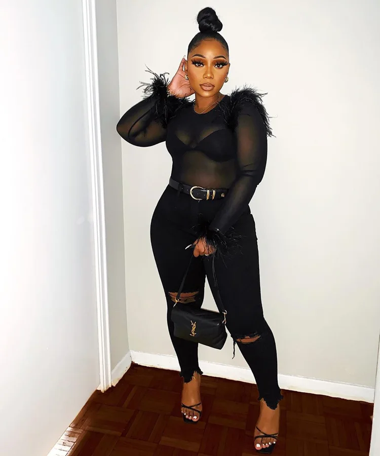 

New Arrival Blouses Top Long Sleeve Women Casual Pullover See Through Feather Shoulder Crop Top Sexy Clothing Fashion 2021, Shown