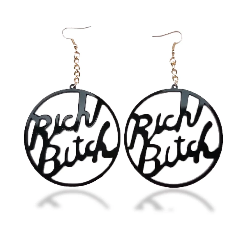 

New hyperbole Acrylic black and white RICH BITCH Letter Big Dangle Earrings For Women rock Hip-Hop Sexy Drop Earrings