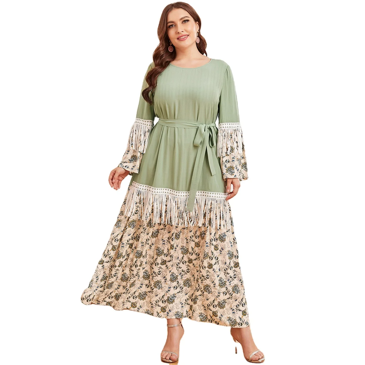 

Large size women's long-sleeved lace-up waist thin lace fringe hit color broken floral casual long skirt muslim 2021 dress, As shown