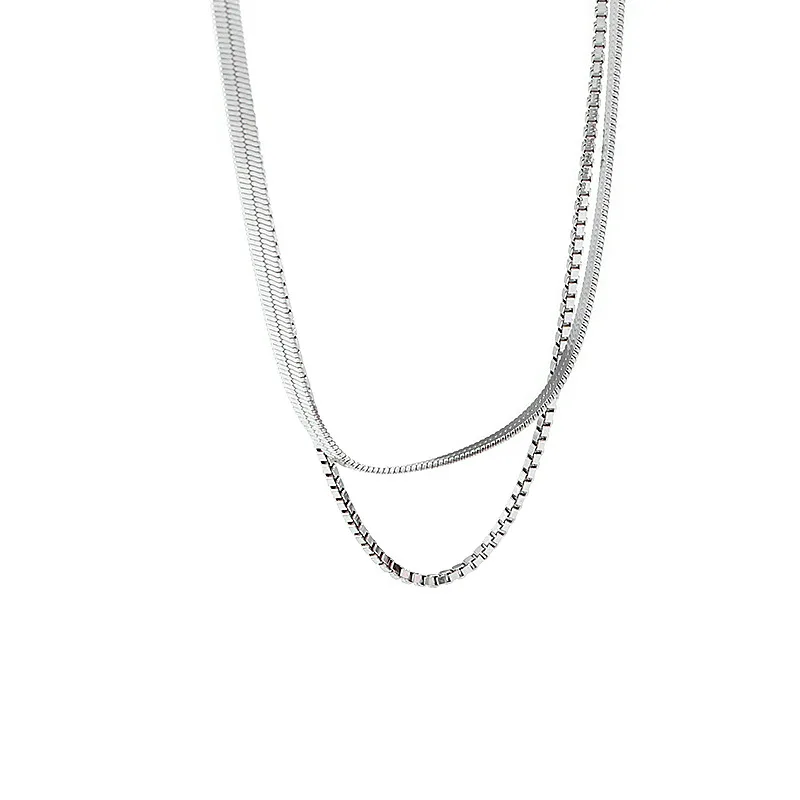 

Fashion 925 sterling silver double chains necklace punk multi layered flat blade snake link chain choker necklace