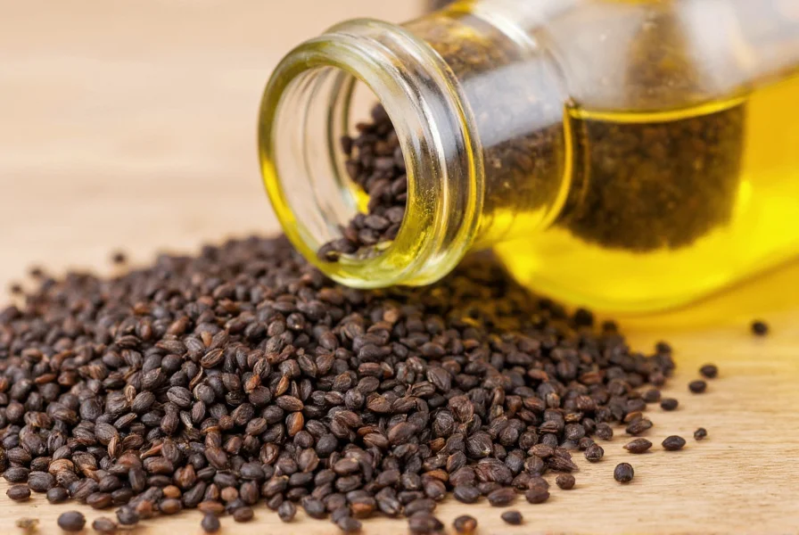 Close-up view of black cumin seeds and extracted oil in glass bottle