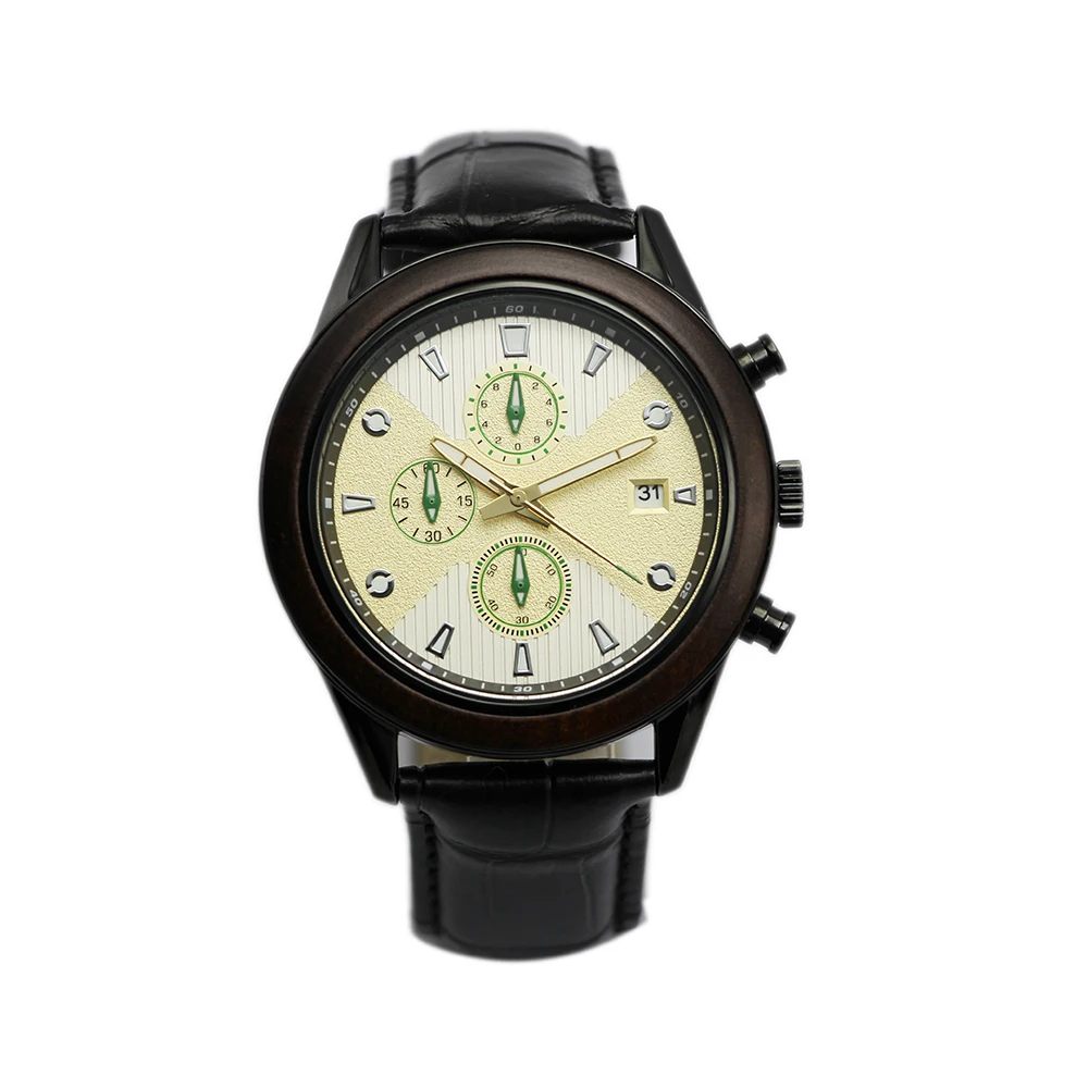 

Newest Multifunctional Metal Wood Men Quartz Watch With Leather Band