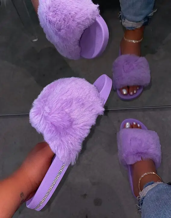 

BUSY GIRL AL9025 Women's slides slippers flat fur bling slides slippers for ladies outdoor purple fur slides, Brown/purple/black/plum
