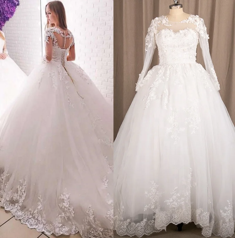 

7251#Puffy 100% Real Photos Illusion O-Neck Lace Long Sleeve Applique Sequined Princess Ball Gown Wedding Quinceanera Dresses, Ivory/pure white