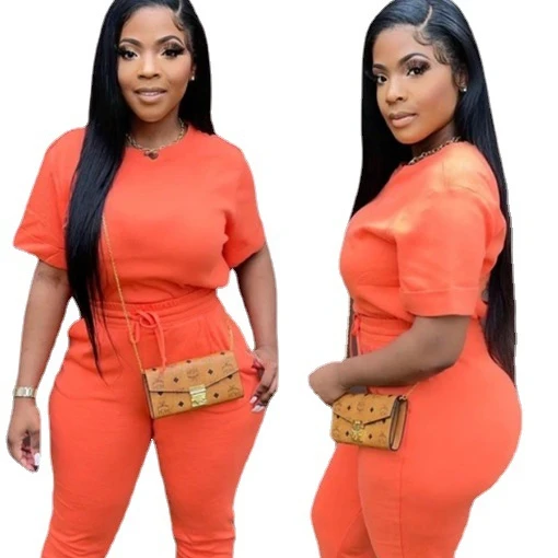 

2021 Summer Orange Casual Two Pieces Pants set, Picture