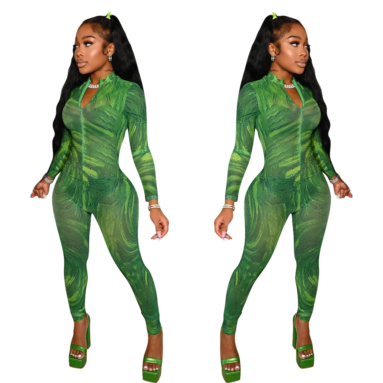 

Hot selling stylish patchwork pattern front zipper sport bodysuit outfits clothes long sleeve green mesh jumpsuit