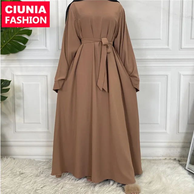 

6394# Hot sell wholesale modest solid color elegant kaftan abaya muslim dubai long dress women islamic clothing, Pink/purple/beige/green/grey/brick red/ black/brown