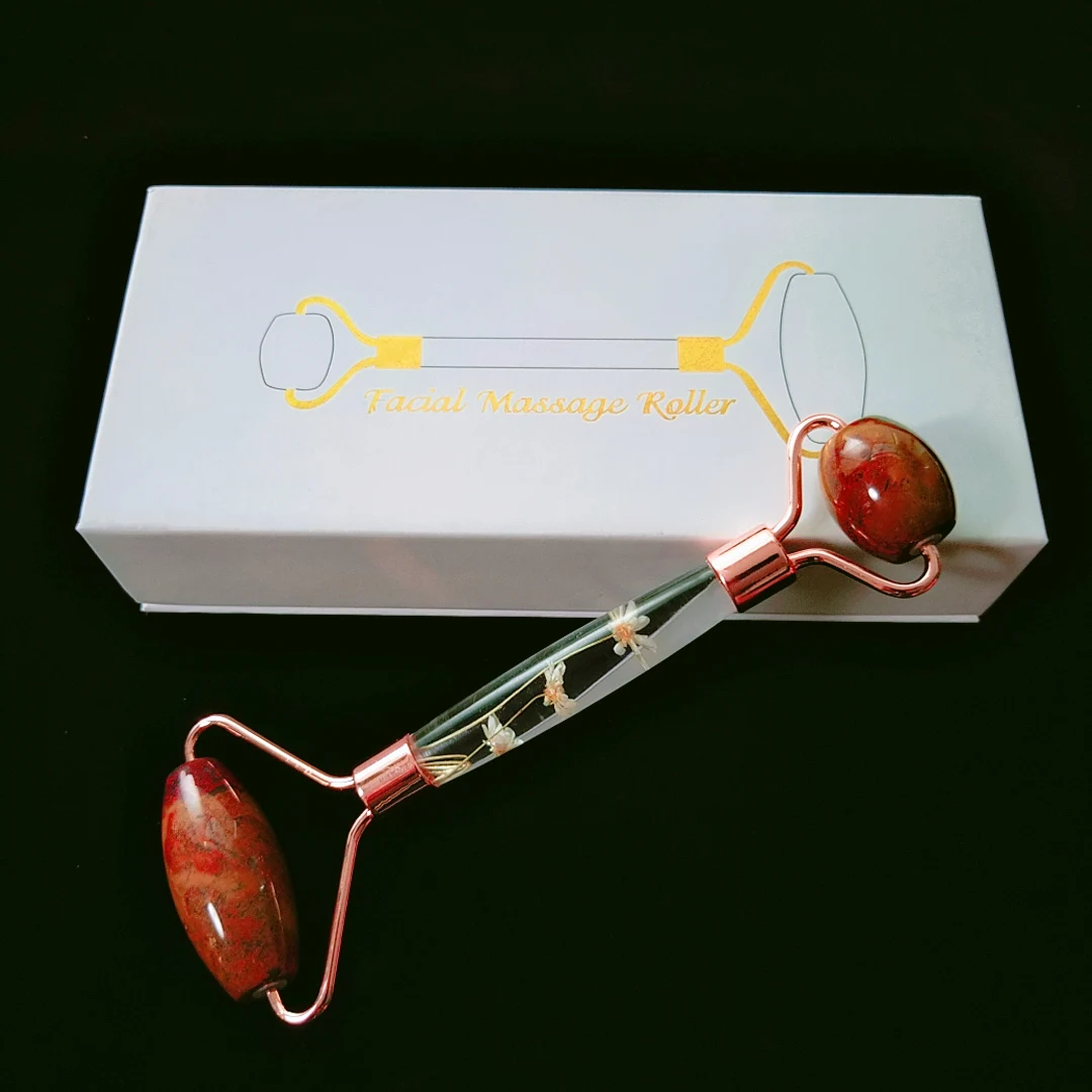 

Jade body massager flower handle quartz facial roller natural ocean agate massager with box