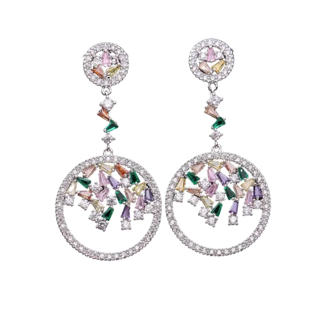 

New Silver Needle Color Zircon Circle Long Hoop Earrings Jewelry, Picture shows