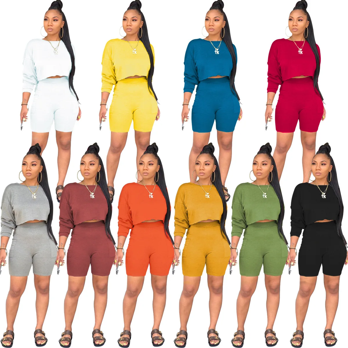 

New women's clothing European and American fashion round neck long-sleeved sweater pocket shorts two-piece suit, Picture