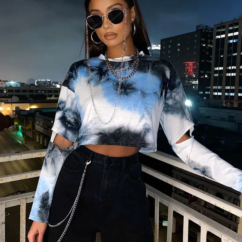 

Amazon hot sale new fashion hollow out long sleeve ladies long sleeve tie dye crop top women oversized hoodie sweatshirt, Splicing