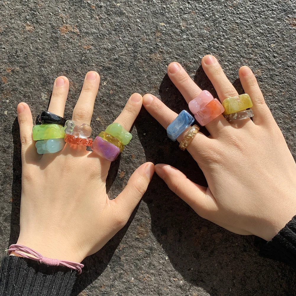 

JUHU 2021 Fashion Acid Acrylic Acetate cute candy colorful Resin Ring Jewelry Wholesale resin ring for girl ring women simple