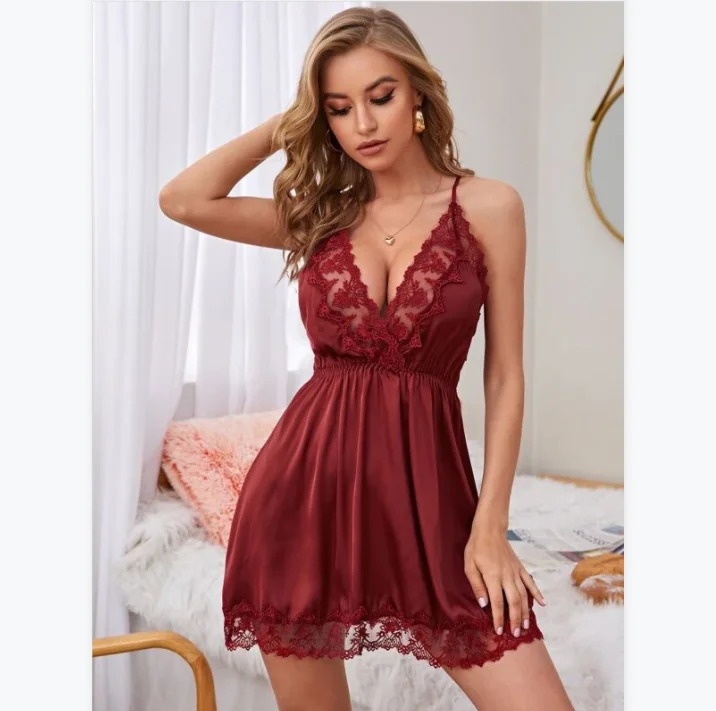 

SFY8802 Women's Sexy Lingerie Silk Deep V-neck Nightgown ladies Summer Dress Lace Night Dress Sleepwear Babydoll Nightie Satin H, Black red blue purple