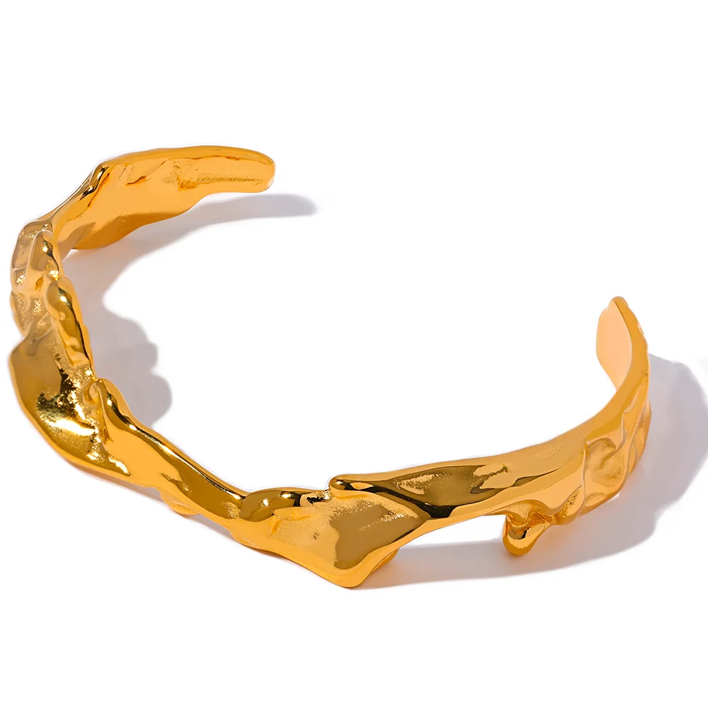 

JINYOU 1708 Waterproof 18K Gold Color Stainless Steel Irregular Geometric Open Cuff Bracelet Bangle Personalized Texture Jewelry
